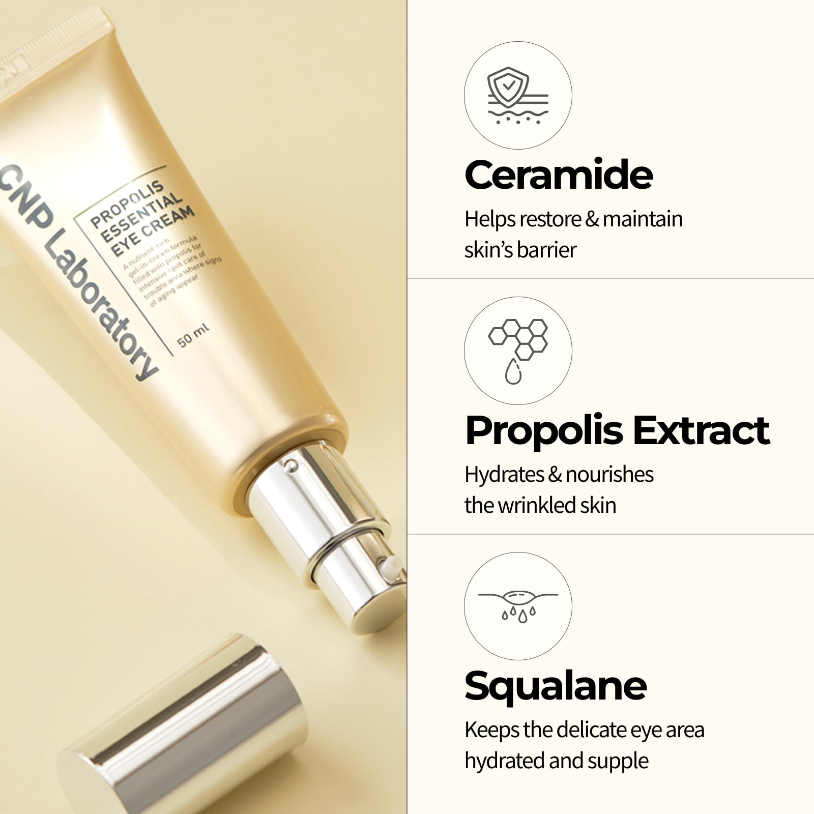 CNP Propolis Eye Cream (1.7 fl.oz / 50ml) - Nourishing Eye Cream with Propolis Extract, Ceramide, Lightweight Cream Texture, Firming Wrinkles, Gifts for Women, Korean Skin Care